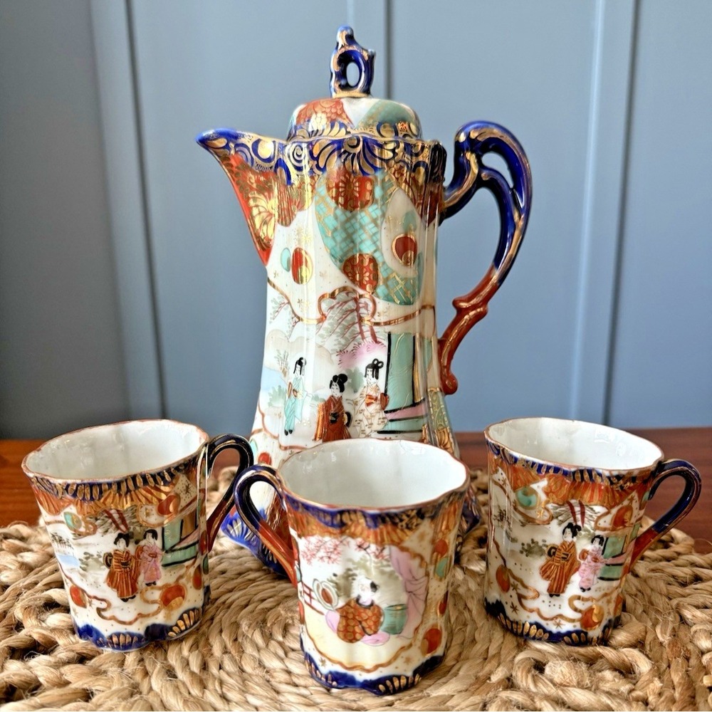 Vintage Japanese Satsuma Style Porcelain Chocolate Pot & 3 Cups Hand Painted